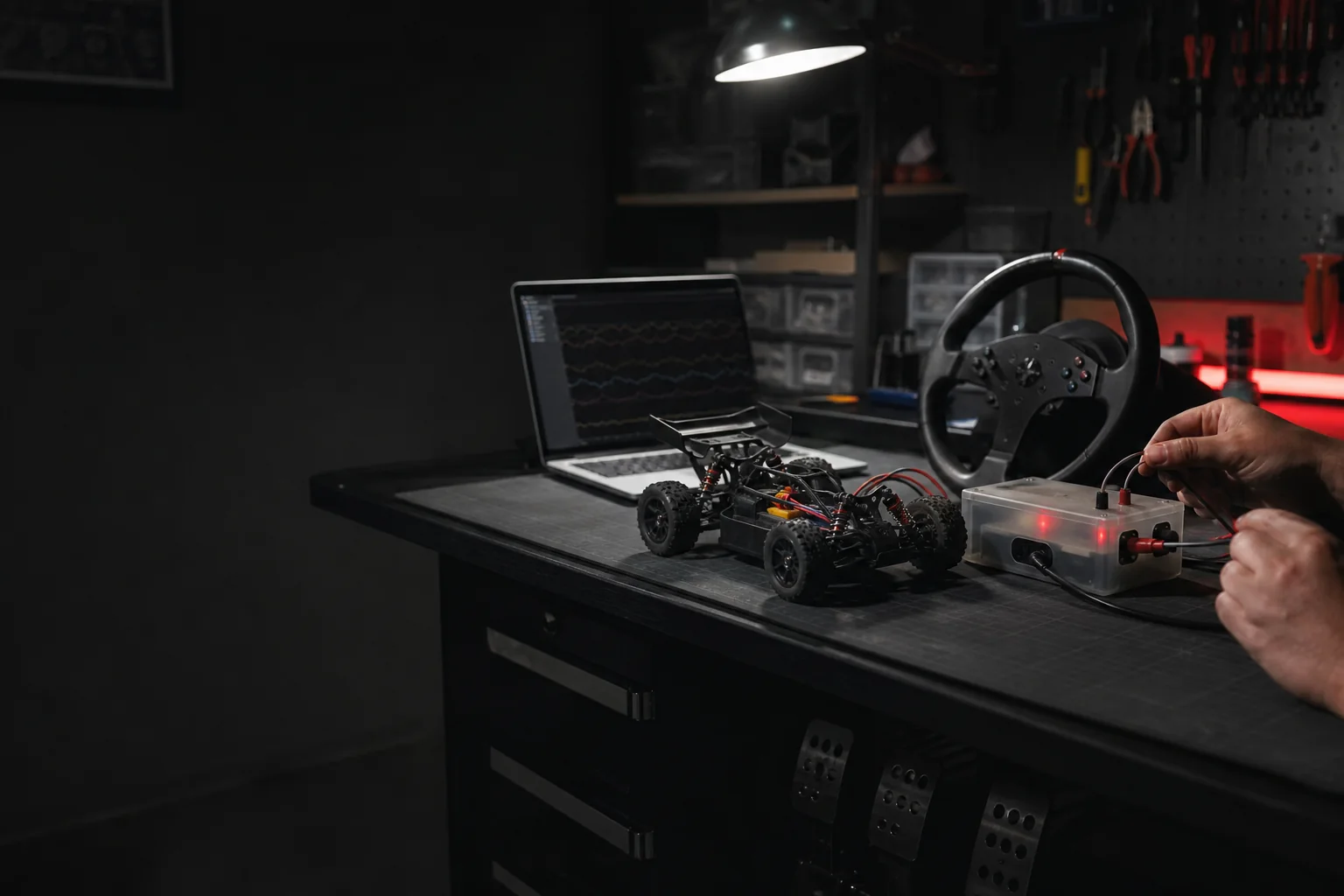 Concept visual of an independent RLA development workspace with a small RC prototype