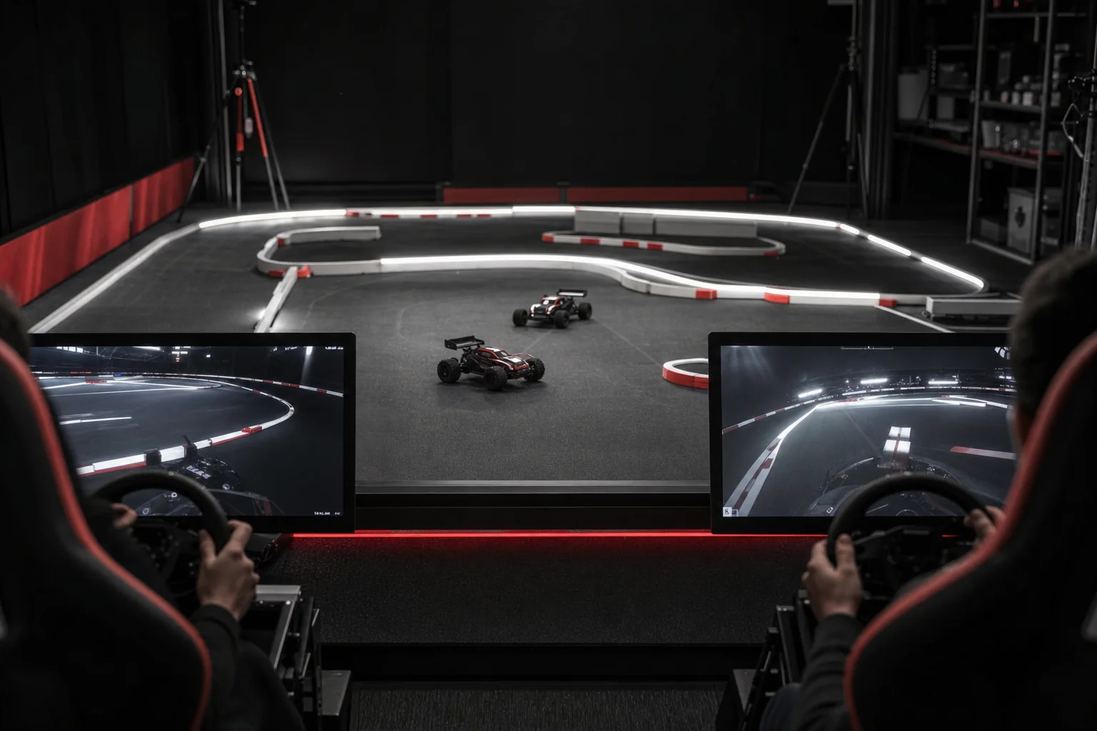 Concept visual of two simulator drivers controlling small physical RC vehicles on a compact track